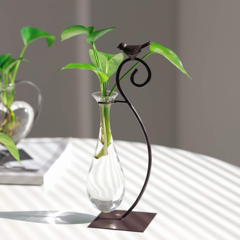 Marbrasse Desktop Glass Planter Hydroponics Vase Planter Bulb Vase with Holder for Home Decoration Modern Creative Bird Plant Terrarium Stand  Scindapsus Container (Water Drop Vase) - Image 5